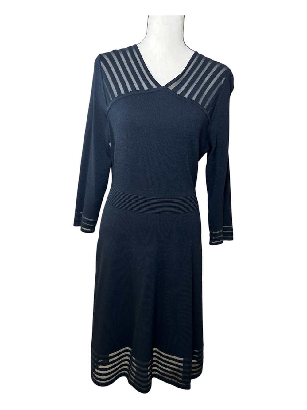 Calvin Klein Black Knit Fit & Flare Dress Sheer Stripe Mesh Accents LBD Size M